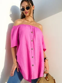 Bluzki / Koszule / Koszulki^Royalfashion Bawełniana bluzka damska a'la hiszpanka z ozdobnymi guzikami różowy