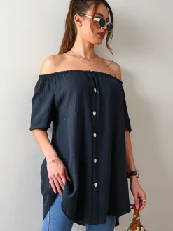 Bluzki / Koszule / Koszulki^Royalfashion Bawełniana bluzka damska a'la hiszpanka z ozdobnymi guzikami czarny