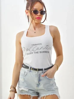 Bluzki / Koszule / Koszulki^Royalfashion Bawełniana bluzka bokserka damska na ramiączkach Enjoy The Summer biały