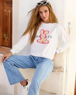 Bluzy^Royalfashion Bawełniana cienka bluza damska z printem biały