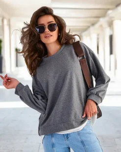 Bluzy^Royalfashion Bawełniana cienka bluza damska Ciemnoszary