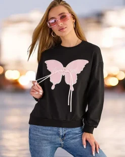 Bluzy^Royalfashion Bawełniana cienka bluza damska z printem czarny