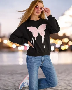 Bluzy^Royalfashion Bawełniana cienka bluza damska z printem czarny