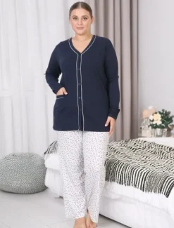 Piżamy^Royalfashion Bawełniana damska 2-częściowa piżama PLUS SIZE Granatowy