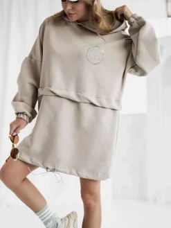 Bluzy^Royalfashion Bawełniana damska sukienka mini typu bluza beżowy