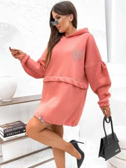 Bluzy^Royalfashion Bawełniana damska sukienka mini typu bluza różowy