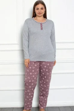 Piżamy^Royalfashion Bawełniana damska 2-częściowa piżama w motyle PLUS SIZE gołębi szary