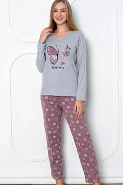 Piżamy^Royalfashion Bawełniana damska 2-częściowa piżama w motyle gołębi szary