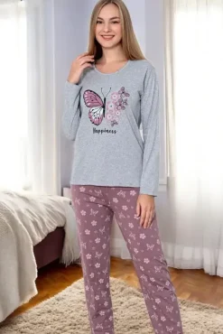 Piżamy^Royalfashion Bawełniana damska 2-częściowa piżama w motyle gołębi szary