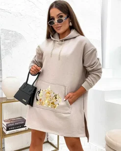 Bluzy^Royalfashion Bawełniana damska sukienka mini typu bluza beżowy