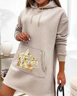 Bluzy^Royalfashion Bawełniana damska sukienka mini typu bluza beżowy