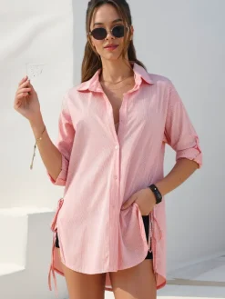 Bluzki / Koszule / Koszulki^Royalfashion Bawełniana dłuższa damska koszula w paski z wiązaniem w talii czerwony