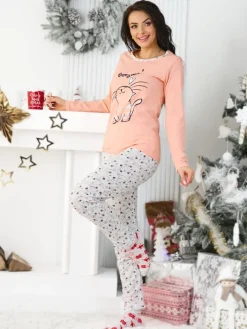 Piżamy^Royalfashion Bawełniana piżama damska z kotkiem