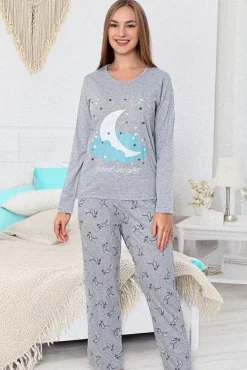 Piżamy^Royalfashion Bawełniana piżama damska w księżyce gołębi szary