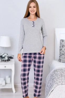 Piżamy^Royalfashion bawełniana piżama damska ze spodniami w kratkę gołębi szary