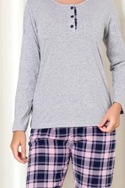 Piżamy^Royalfashion bawełniana piżama damska ze spodniami w kratkę gołębi szary