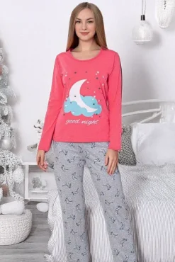 Piżamy^Royalfashion Bawełniana piżama damska w księżyce różowy