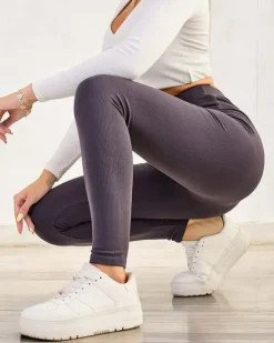 Legginsy / Tregginsy^Royalfashion Bawełniane damskie prążkowane legginsy gołębi szary