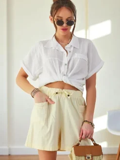 Szorty|Krótkie Spodenki^Royalfashion Bawełniane krótkie spodenki damskie Jasny beż