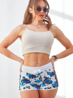 Szorty|Krótkie Spodenki^Royalfashion Bawełniane krótkie spodenki damskie w wiosenne kwiaty Granatowy