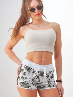 Szorty|Krótkie Spodenki^Royalfashion Bawełniane krótkie spodenki damskie w wiosenne kwiaty Jasny szary