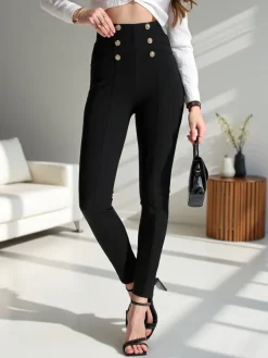 Spodnie Materiałowe|Legginsy / Tregginsy^Royalfashion Bawełniane spodnie typu tregginsy damskie z ozdobnymi guzikami czarny