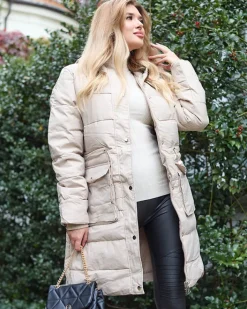 Kurtki / Marynarki / Płaszcze^Royalfashion Beżowa damska długa kurtka zimowa z syntetycznym ociepleniem beżowy