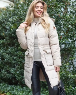 Kurtki / Marynarki / Płaszcze^Royalfashion Beżowa damska długa kurtka zimowa z syntetycznym ociepleniem beżowy
