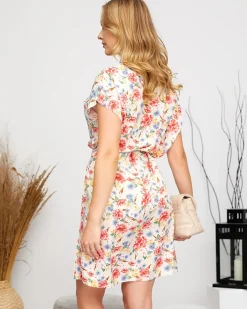 Sukienki Letnie|Sukienki Krótkie^Royalfashion Beżowa damska prosta sukienka z kwiatowym wzorem krem