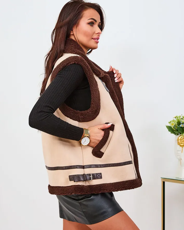 Kurtki / Marynarki / Płaszcze^Royalfashion Beżowa kamizelka damska z kożuszkiem brązowy