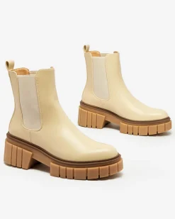 Botki Z Delikatnym Ociepleniem|Botki Na Płaskim Obcasie^Royalfashion Beżowe botki damskie na masywnej podeszwie Eferope beżowy