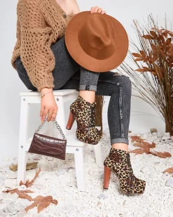 Botki Bez Ocieplenia|Botki Na Platformie^Royalfashion Beżowe botki damskie na wysokim słupku w panterkę Seficone