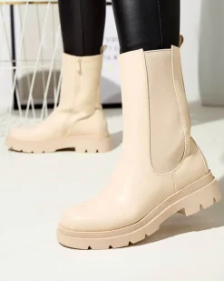 Botki Bez Ocieplenia|Botki Na Płaskim Obcasie^Royalfashion Beżowe damskie wysokie botki na płaskim obcasie Vedesa beżowy