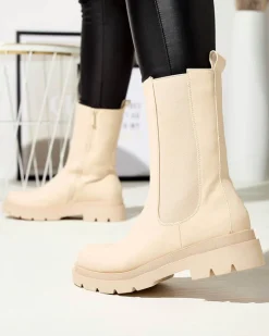 Botki Bez Ocieplenia|Botki Na Płaskim Obcasie^Royalfashion Beżowe damskie wysokie botki na płaskim obcasie Vedesa beżowy