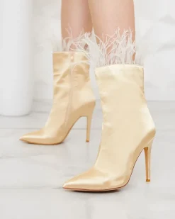 Szpilki|Botki Bez Ocieplenia^Royalfashion Beżowe damskie botki z piórkami Wenelika beżowy