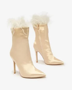 Szpilki|Botki Bez Ocieplenia^Royalfashion Beżowe damskie botki z piórkami Wenelika beżowy