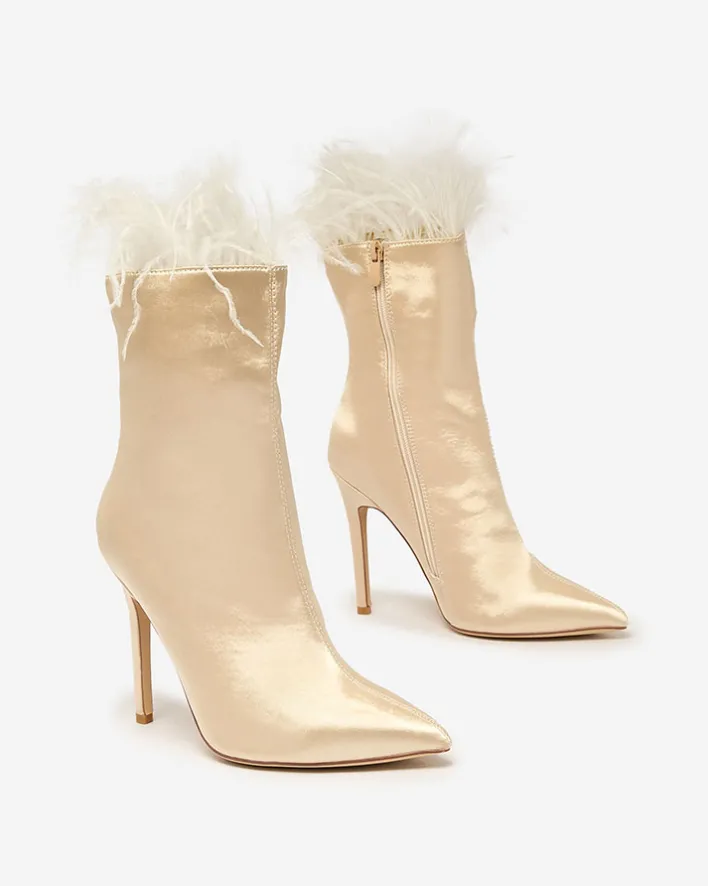 Szpilki|Botki Bez Ocieplenia^Royalfashion Beżowe damskie botki z piórkami Wenelika beżowy