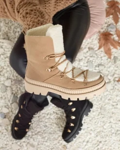 Trapery|Botki Sznurowane^Royalfashion Beżowe damskie ocieplane botki typu trapery z kożuszkiem Lery Walk beżowy