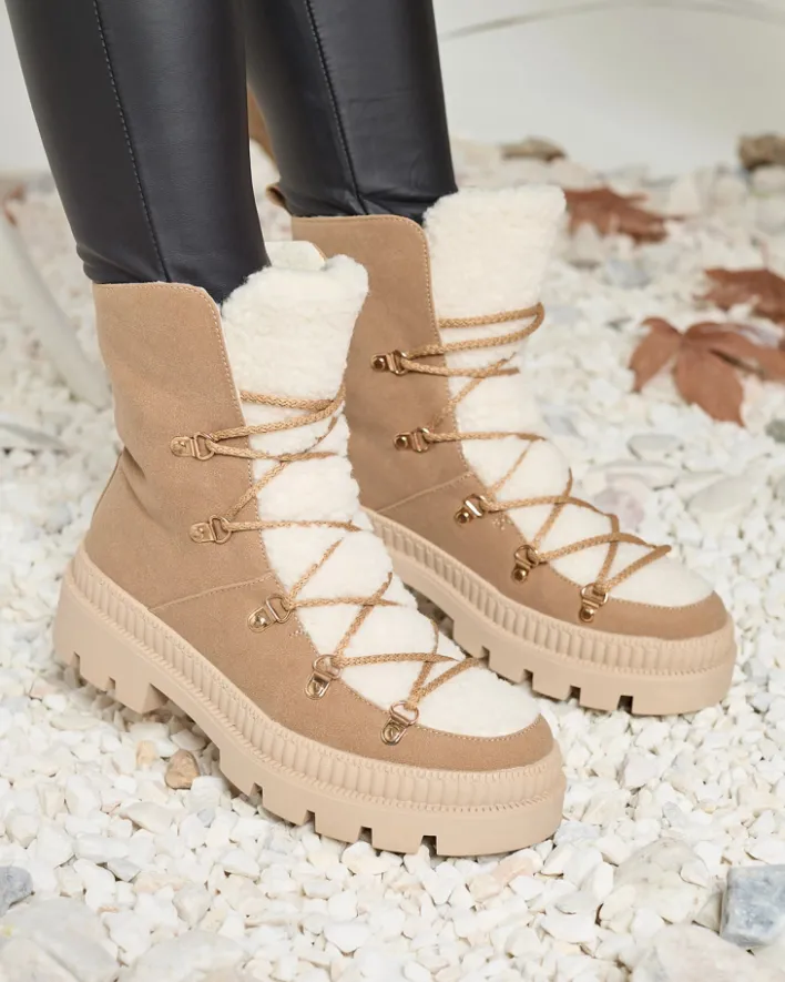Trapery|Botki Sznurowane^Royalfashion Beżowe damskie ocieplane botki typu trapery z kożuszkiem Lery Walk beżowy
