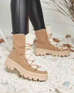 Trapery|Botki Sznurowane^Royalfashion Beżowe damskie ocieplane botki typu trapery z kożuszkiem Lery Walk beżowy