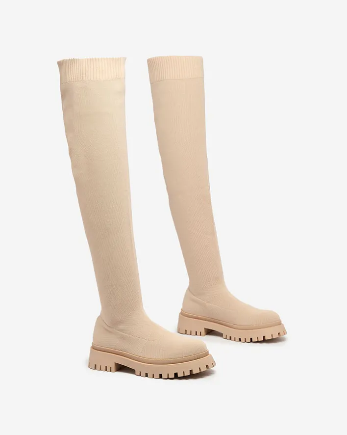 Kozaki Na Płaskim Obcasie|Kozaki Bez Ocieplenia^Royalfashion Beżowe damskie wsuwane kozaki za kolano Radgitas beżowy