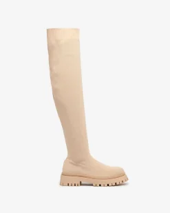 Kozaki Na Płaskim Obcasie|Kozaki Bez Ocieplenia^Royalfashion Beżowe damskie wsuwane kozaki za kolano Radgitas beżowy