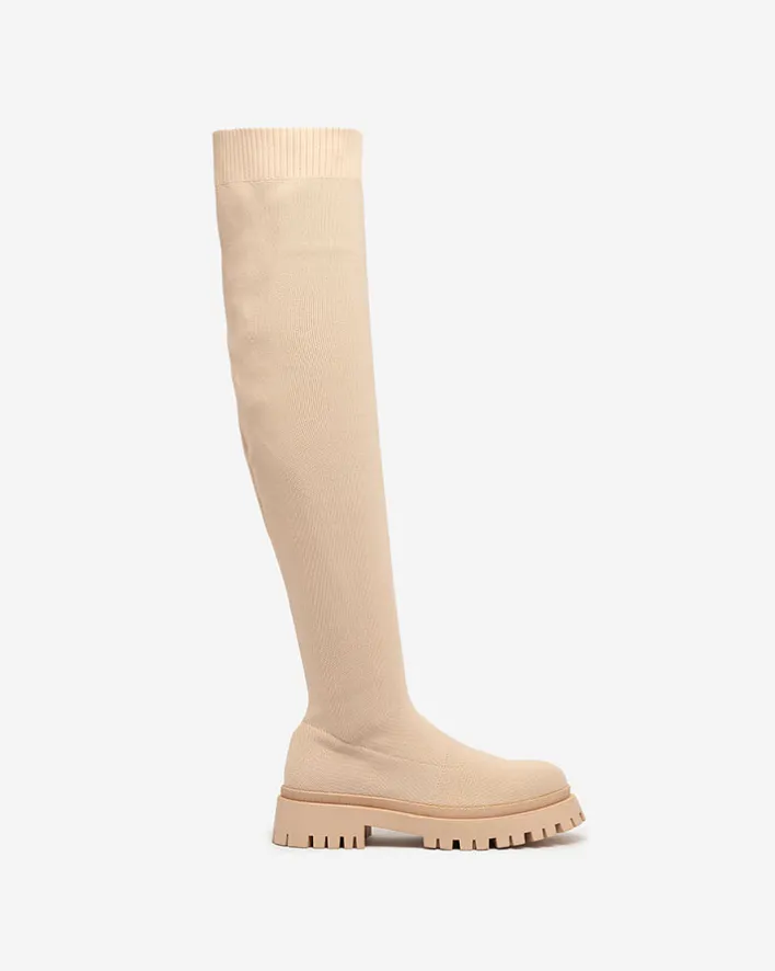 Kozaki Na Płaskim Obcasie|Kozaki Bez Ocieplenia^Royalfashion Beżowe damskie wsuwane kozaki za kolano Radgitas beżowy