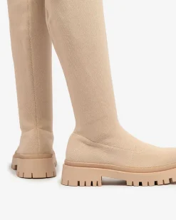 Kozaki Na Płaskim Obcasie|Kozaki Bez Ocieplenia^Royalfashion Beżowe damskie wsuwane kozaki za kolano Radgitas beżowy