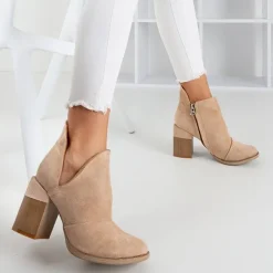 Botki Bez Ocieplenia|Botki Na Słupku^Royalfashion Beżowe damskie botki na słupku z wycięciami Cintura beżowy