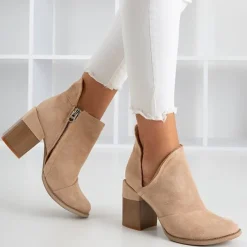Botki Bez Ocieplenia|Botki Na Słupku^Royalfashion Beżowe damskie botki na słupku z wycięciami Cintura beżowy