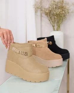 Śniegowce^Royalfashion Beżowe damskie buty a'la śniegowce z ozdobą Parisela beżowy