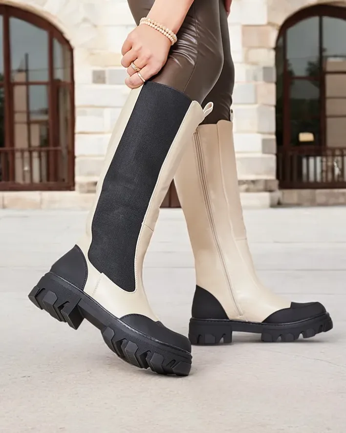 Kozaki Na Płaskim Obcasie|Kozaki Bez Ocieplenia^Royalfashion Beżowe damskie kozaki do połowy łydki Blyss beżowy