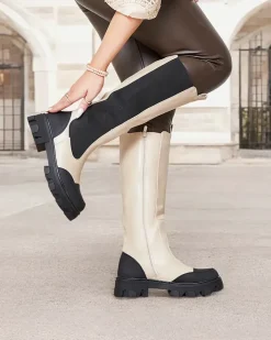 Kozaki Na Płaskim Obcasie|Kozaki Bez Ocieplenia^Royalfashion Beżowe damskie kozaki do połowy łydki Blyss beżowy