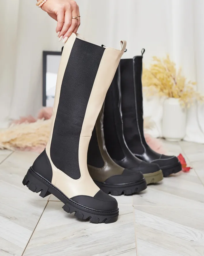 Kozaki Na Płaskim Obcasie|Kozaki Bez Ocieplenia^Royalfashion Beżowe damskie kozaki do połowy łydki Blyss beżowy